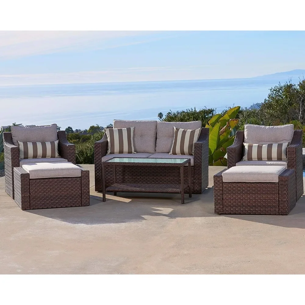 Outdoor Sofa Sets,Patio Lounge Chairs with Ottoman Loveseat with Glass Coffee Table Pillow Included,7-PieceGarden Sofas Sets