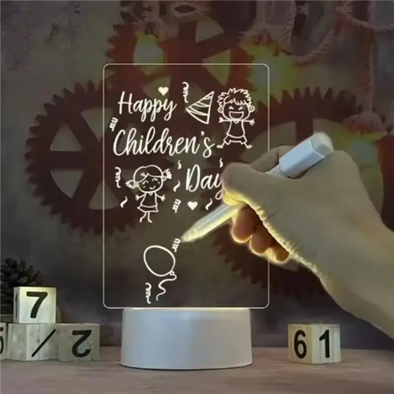 AEE8-Diy Drawing Board LED Acrylic Message Board With Pen Erasable Children's Drawing Letter Message Board Night Lamp