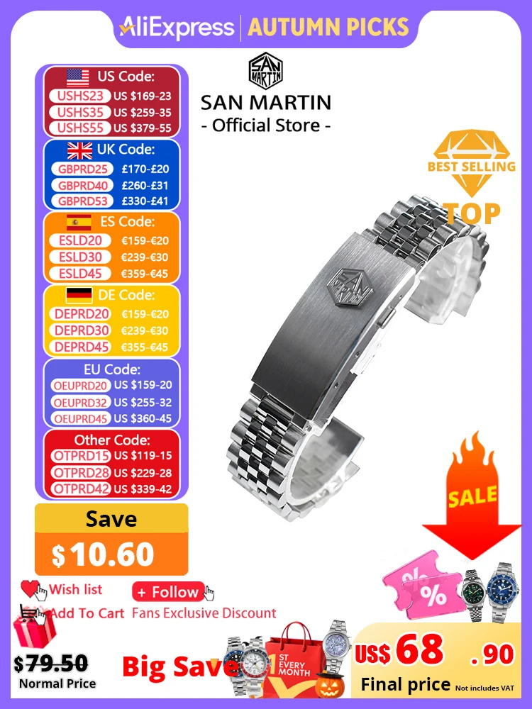 San Martin 316L Stainless Steel 5 Links J Bracelet Watch Parts For 20mm Curved End Links Fly Adjustable Clasp For SN0008 SN0128