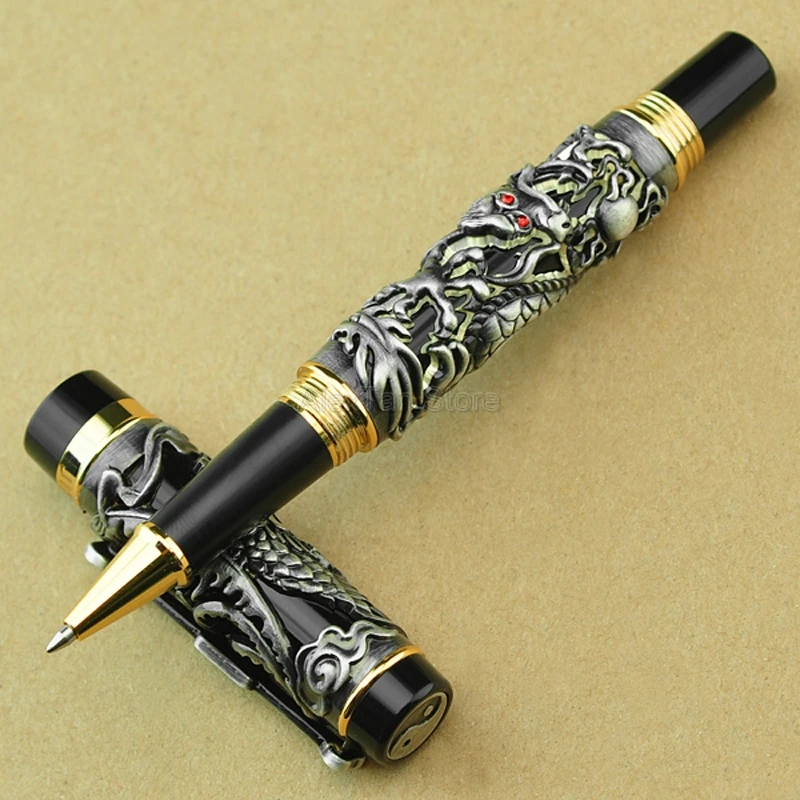 Jinhao Business Dragon Phoenix Roller Ball Pen, Metal Carving Embossing Heavy Pen, Golden & Black For Professional Gift Pen
