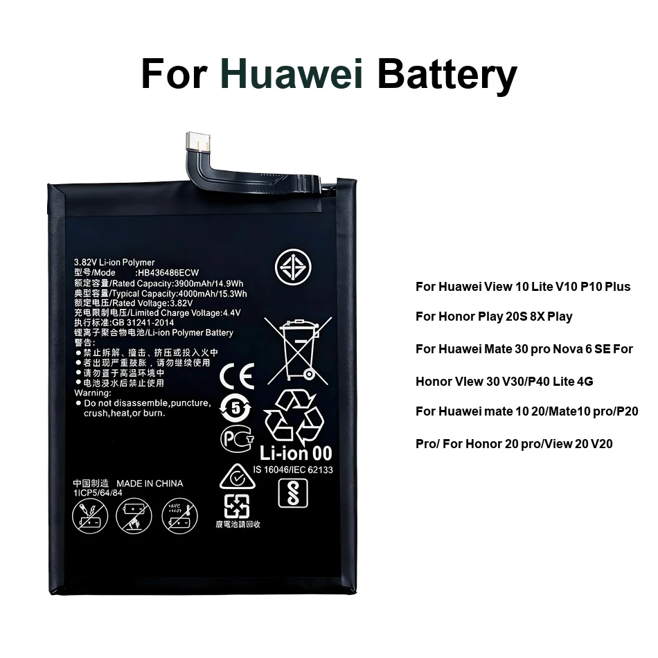 

Battery For Huawei View 10 30 For Honor 20S 8X Play Mate 10 30 20 MATE10 Lite Pro Plus 4G HB386589ECW HB436486ECW HB486586ECW