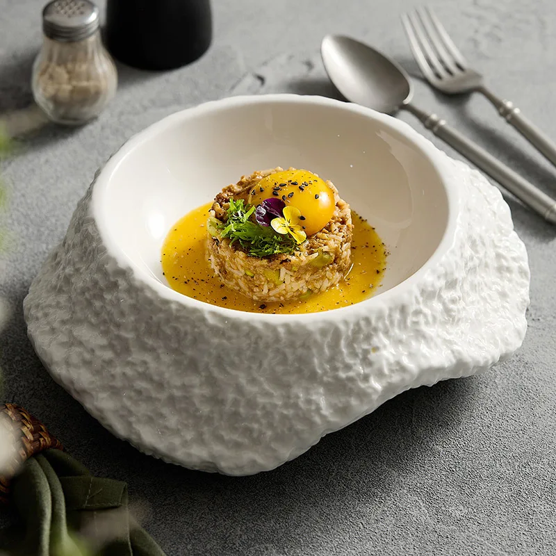 Ceramic Shaped Salad Plate Soup Bowl Upscale Hotel Restaurant Tableware Art Irregular White Cooking Dish Plate Kitchen Utensils