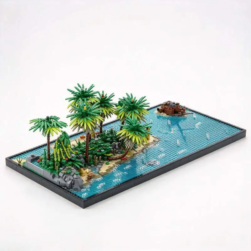 4710PCS MOC Five In One Tropical Island Diorama Shipwreck Jungle And Beach Building Blocks Model DIY Assembly Display Gift Set