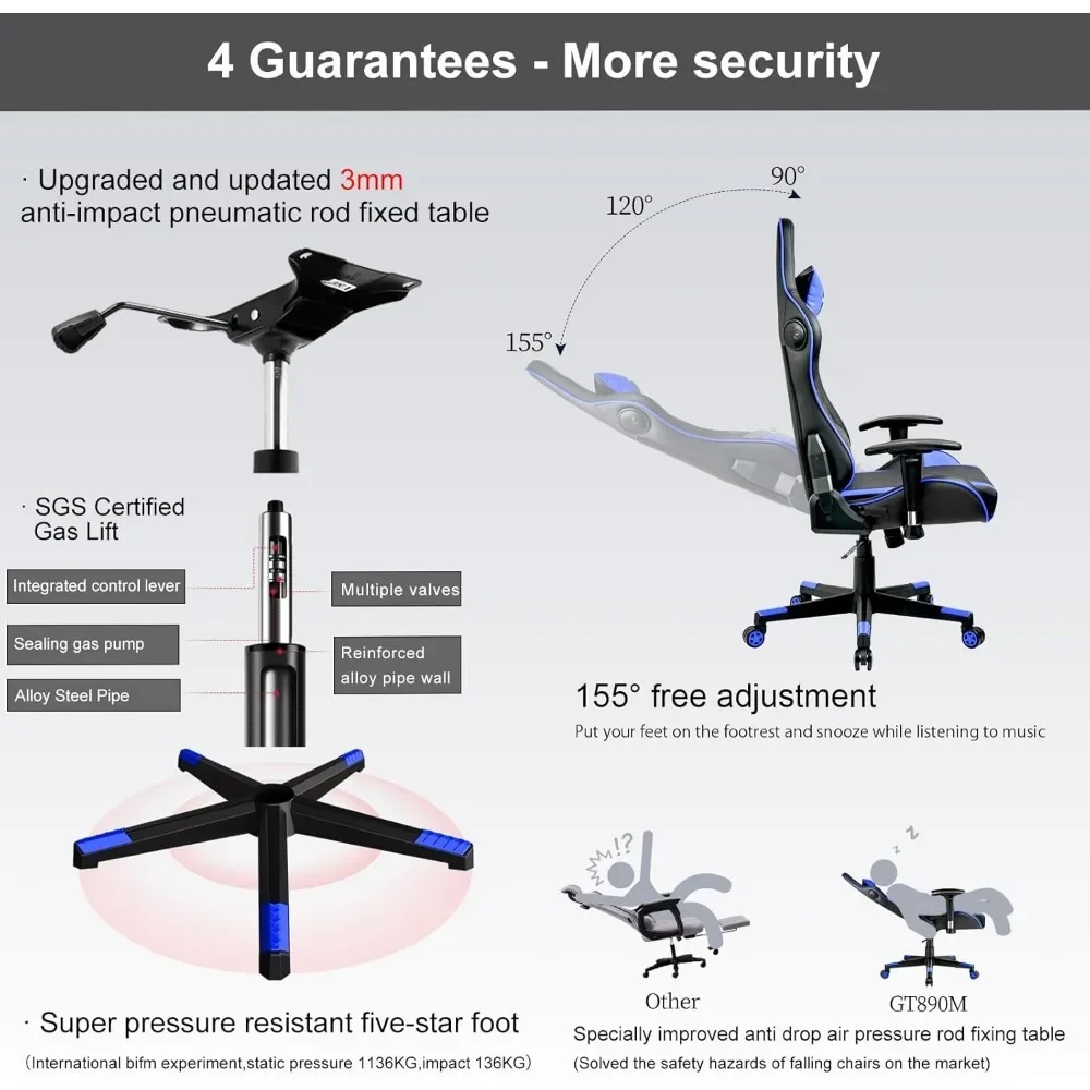 Игровое кресло с динамиками, Bluetooth, музыкальное и видеоигровое кресло, аудио, эргономичный дизайн, сверхмощное офисное компьютерное кресло (синий)-N