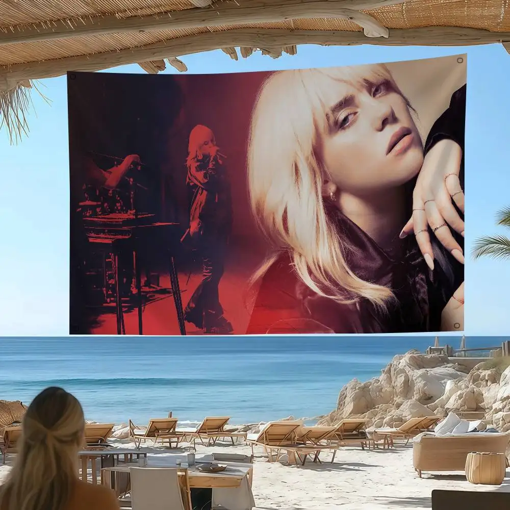 Famous Popular Singers B-Billie E-Eilish Music Flag Banners Four Hole Flag Polyester Outdoor Decor Room Aesthetic