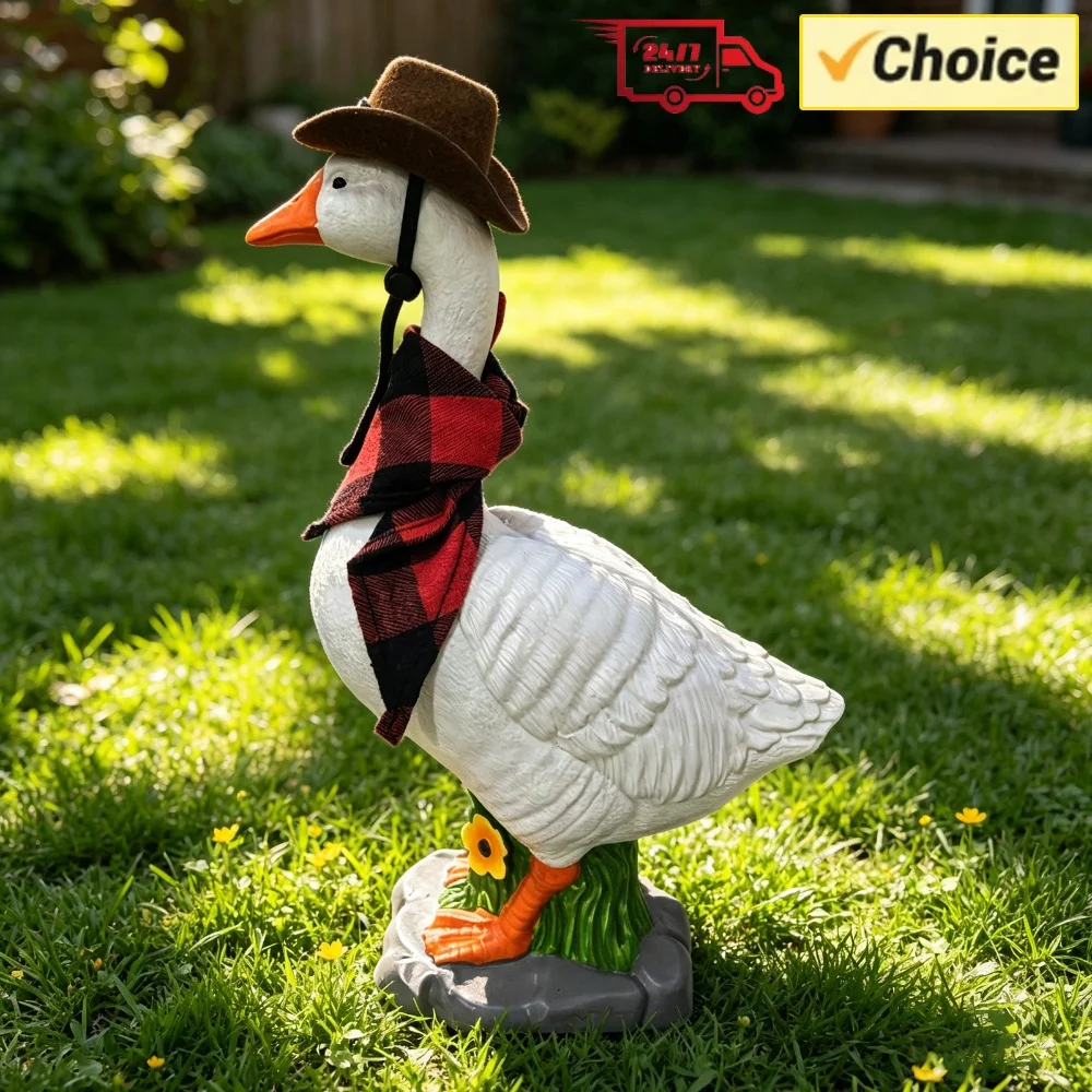 Resin Realistic Goose Statue Stone Base with Sand-Fillable Design Large Porch Hollow Garden Goose w/Hat & Bandana for Yard Decor