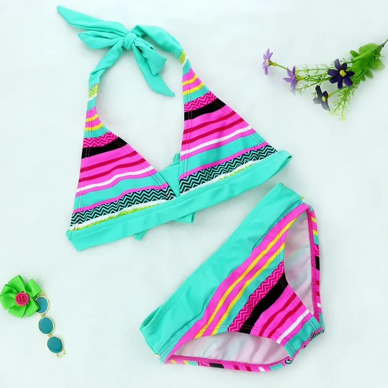 2024 New Summer Girls Close-fitting Elastic Stripe Swimsuit Girls Split Two-pieces Swimwear, Children Stripe Bikini Wholesale