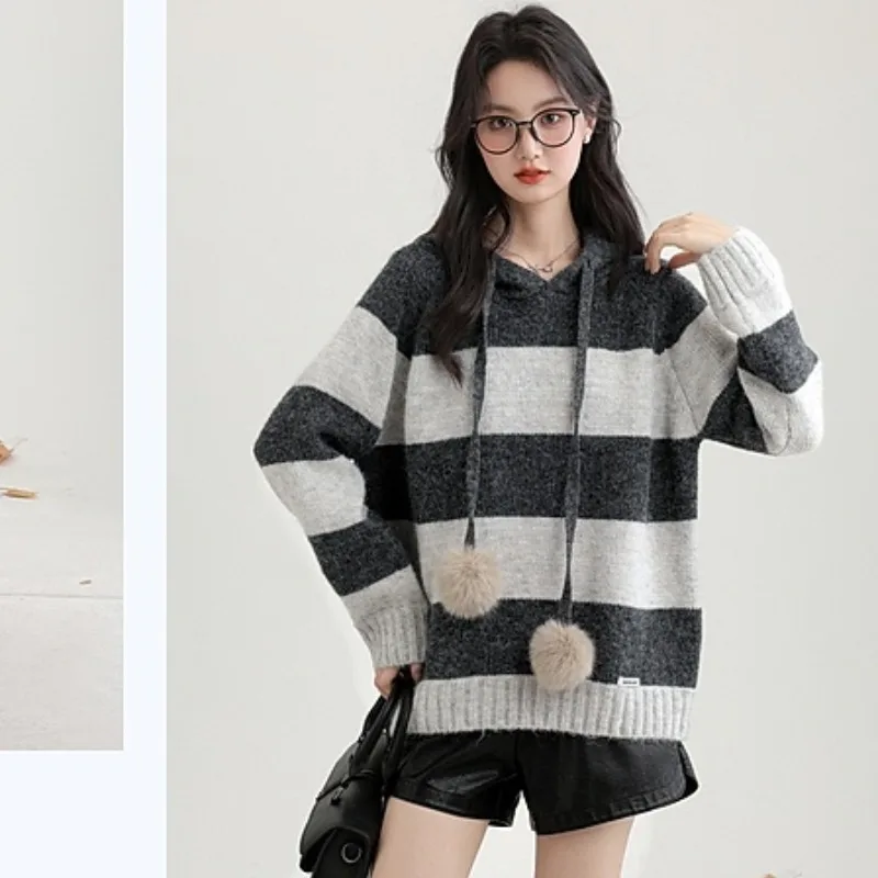 

Grey Striped Hooded Sweater Sweatshirt, Women's Loose and Lazy Style Knitted Sweater Top