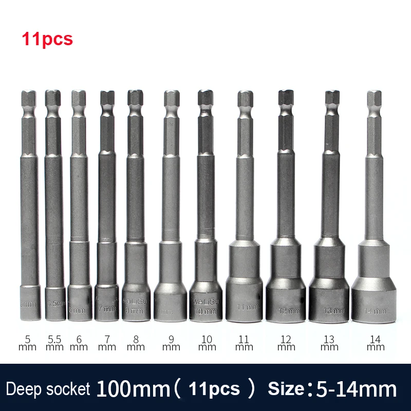 11PCS/set 100mm Long 5mm-14mm Socket Screw Metric Driver Tool Set Adapter Drill Bit 1/4' 6.35mm Shank Hex Nut Socket Screw Tools