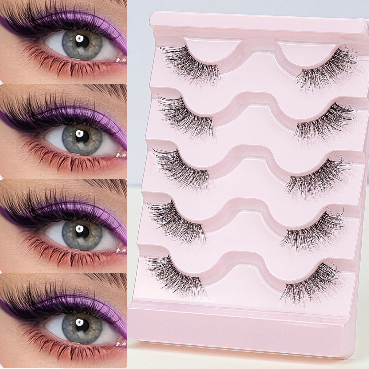 SEXYSHEEP Half Eey Lashes 5Pairs Faux Mink Lashes Cat Eye Fluffy Wispy Transparent Stems Reusable False Eyelashes Makeup Tools