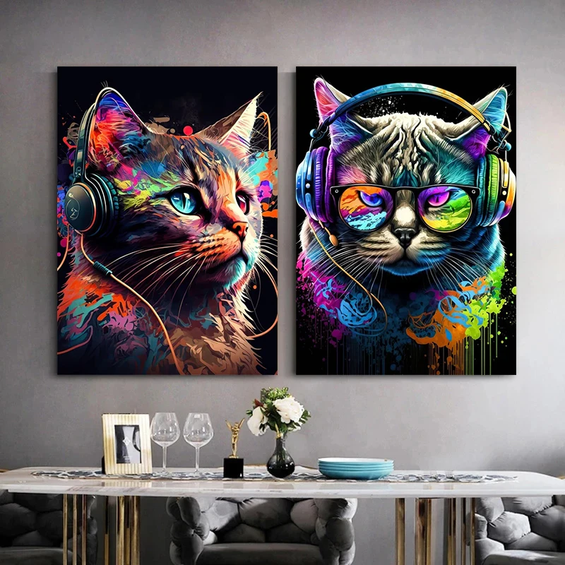 

Funny Monkey Cat Dog Headphone Dj Music Posters and Prints Animal Art Canvas Paintings Wall Art Pictures for Bar Room Home Decor