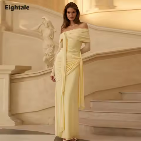 Eightale Arabic Evening Dress Stretchy Satin Strapless Pleat Long Sleeves Customized Prom Gown Muslim Party Dress robe de soiree