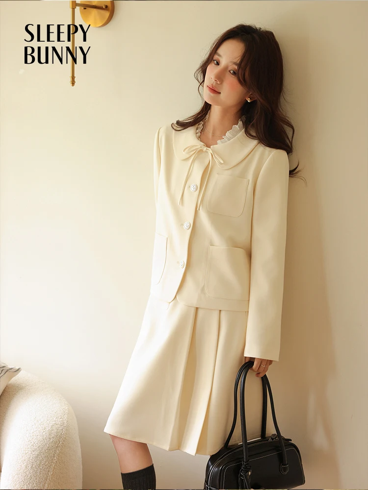 

Vintage Sweet Suit Set Doll Collar Shoulder Pad Jacket High Waist A Line Skirt Spring Slim Petite Casual Two Piece Outfit Women