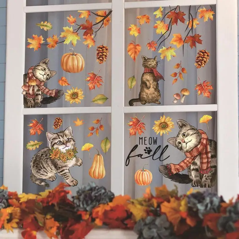 Autumn Window Stickers Pumpkin Cat Fall Clings Reusable Pumpkin Maple Leaves Sticker Decals For Shop Window Bedroom