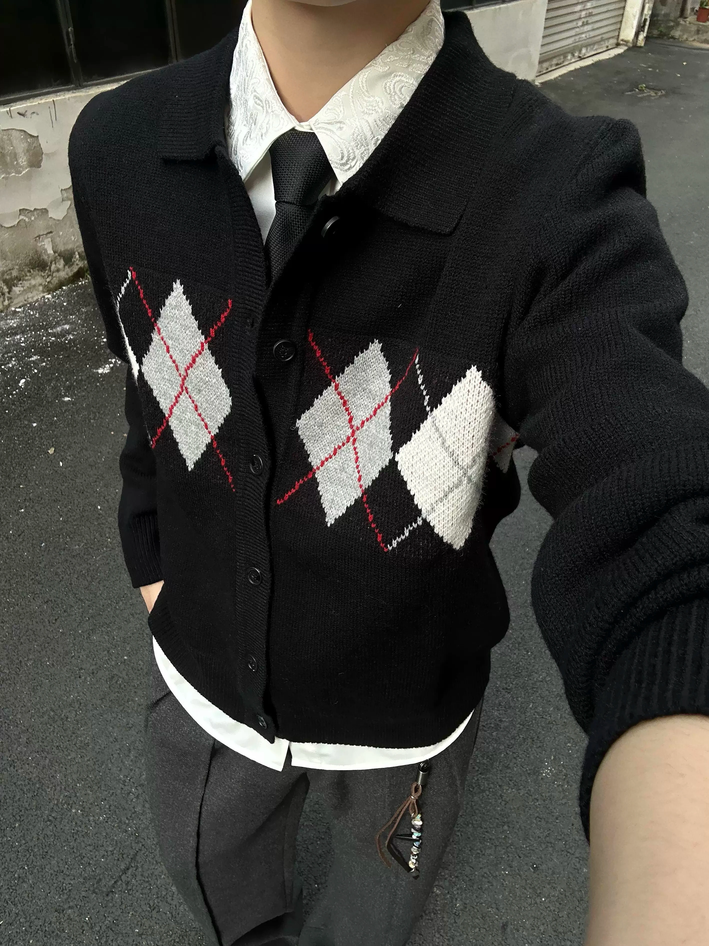 Retro College Style Men's Open Cardigan Knitted Sweater Loose Fit Winter Outerwear with Flower Pattern Diamond Grid Design