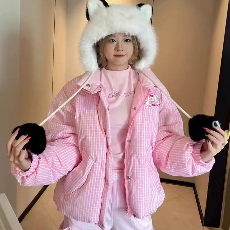 

Girl's Student Cotton-Padded Jacket Women's Bread Cotton Embroidery Sweet Shorty Grid Thicken Warm Winter Cotton Puffer Jacket