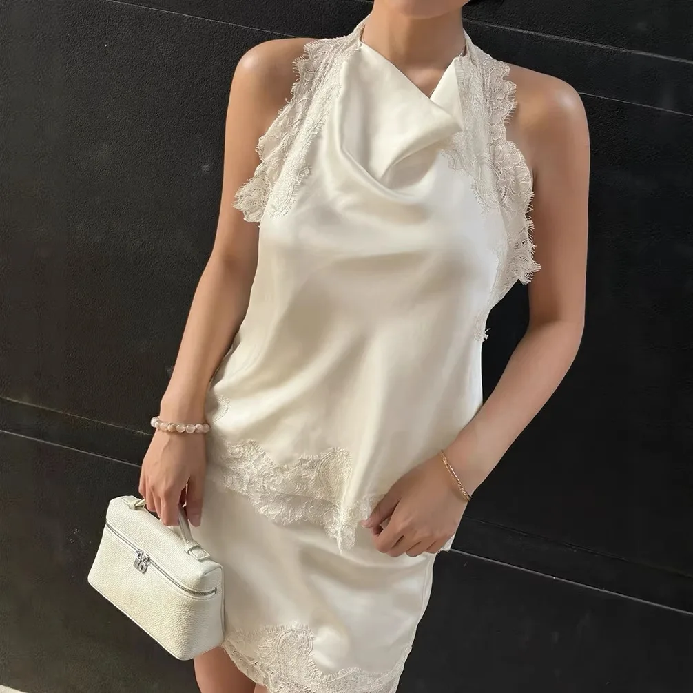 

Женский комплект из 2 предметов: модный кружевной топ-халтер и сексуальная мини-юбка. Новинка лета, без спинки, для вечеринок, в стиле Y2K, повседневный.