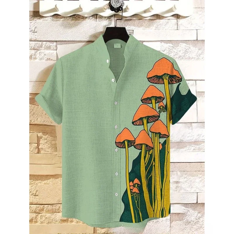 Vintage Mushroom Vacation Shirt Casual Shirts Male Cool Blouses Summer Short-Sleeved Stand Collar Shirts Hawaiian Tops Clothing