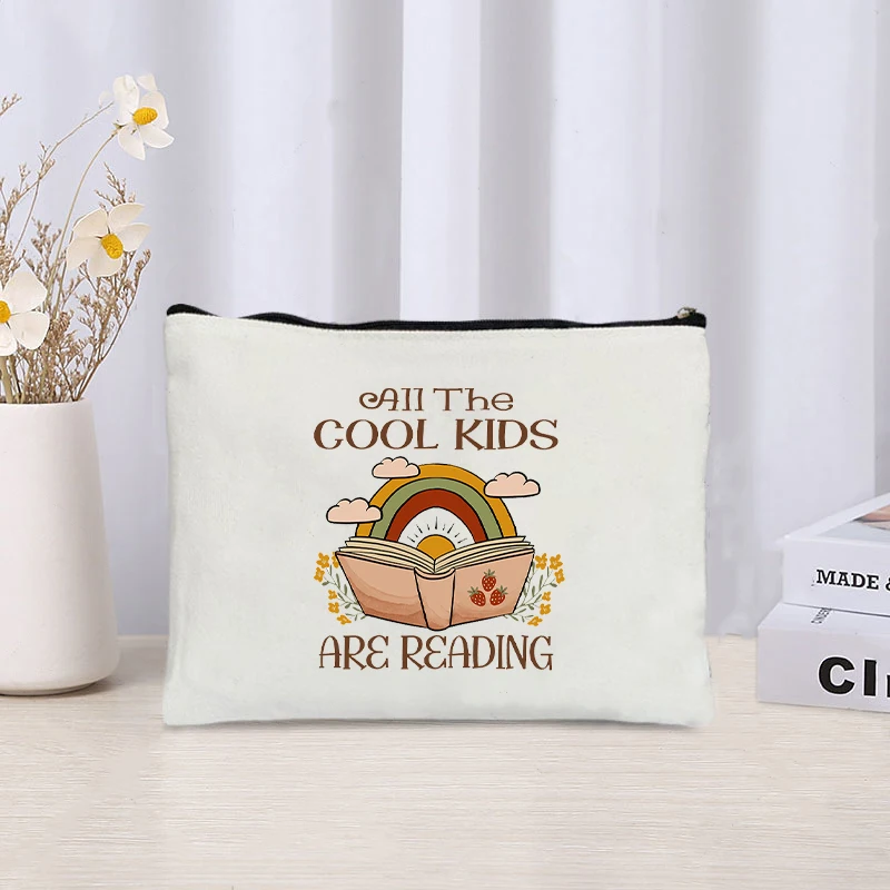 Book Pattern Canvas Pouch Reading Themed Cosmetic Bag Reusable Makeup Organizer For Book Enthusiasts