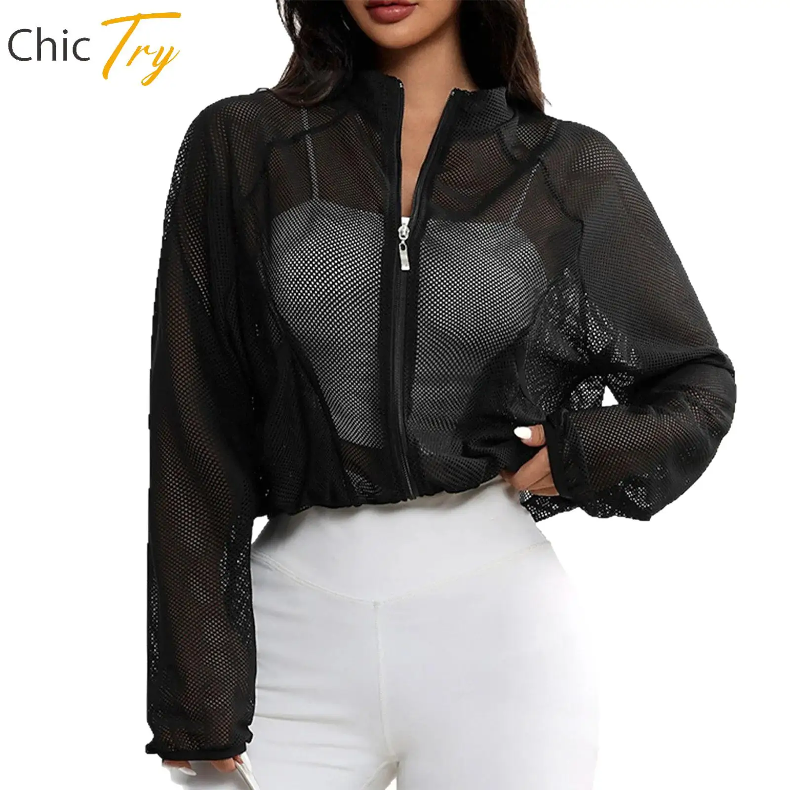 

Gym Tops Women See-Through Hollow Out Mesh Jacket Long Sleeve Yoga Sports Top Sheer Outerwear for Workout Hiking Running Cycling