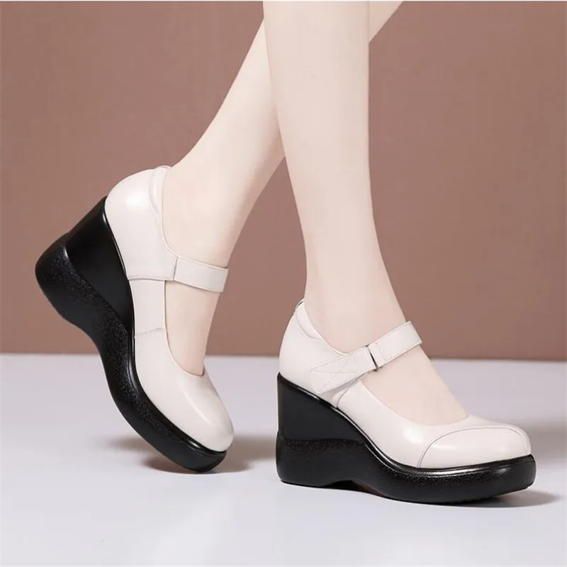 Genuine Leather Women Shoes Women Platform Pumps Women's Round toe Wedges Shoes Fashion Comfort Soft Cowhide Mom Shoes 32-43