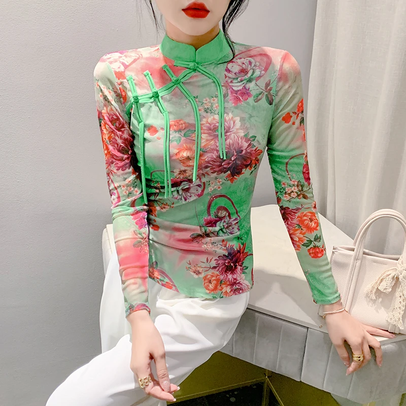 S-3XL Mesh T Shirts Female Full Sleeve High Stretchy Printed Flowers TShirt Women Chinese Style Vintage Collar Top FF0838