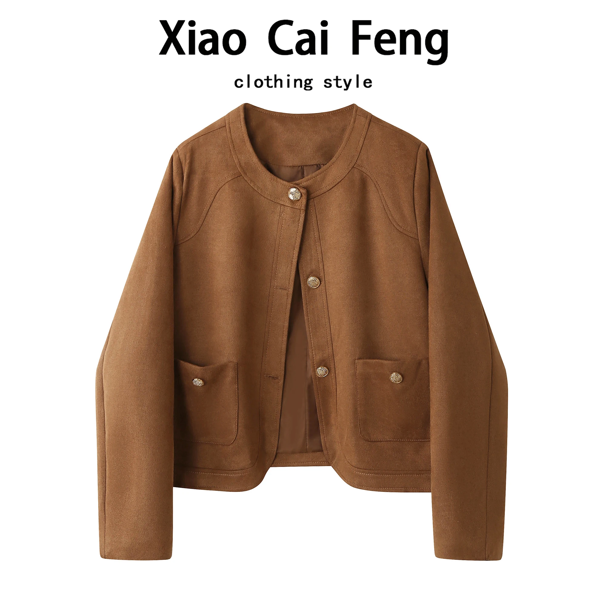 Elegancka zamszowa kurtka damska na jesień, okrągły dekolt, zapinana na guziki, wyszczuplająca, uniwersalna, metalowa, niebieska, okrągły dekolt, top.