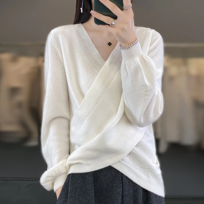 Women 100% Fine Merino Wool Sweater Cross V-neck Lantern Sleeve Pullover Autumn Winter Cashmere Casual Knit Warm Irregular Tops