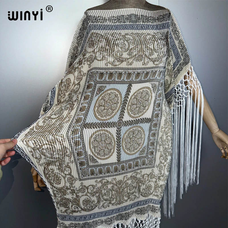 WINYI, vestido plisado de verano con flecos, caftán arrugado a la moda para mujer, bata bohemia holgada para vacaciones, vestido de noche elegante abaya de lujo de Dubái
