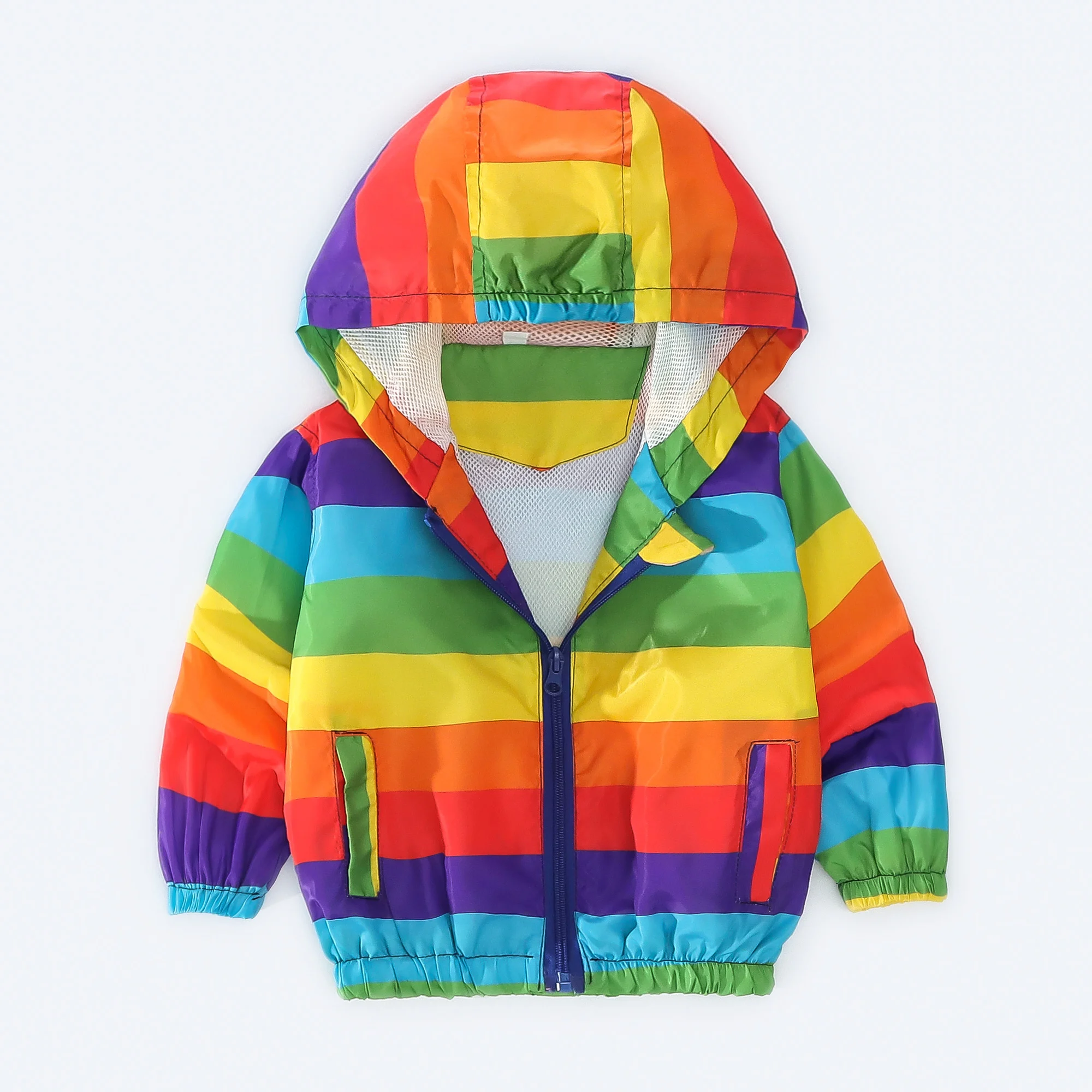 Spring and Autumn Boys' Sprint Coat Fashion Rainbow Stripe Windproof Hooded Zipper Sprint Coat Jacket