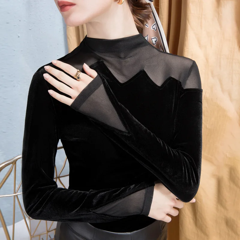 

Autumn Winter New Design Velvet Patchwork Mesh Base Shirt for Women Stylish Inner Wear European Style Top