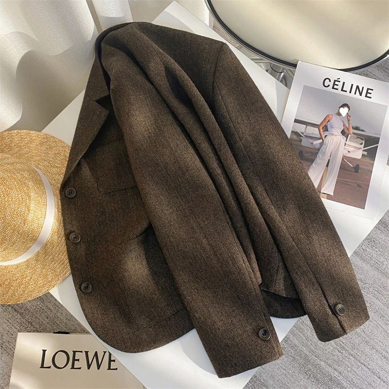 Brown Woolen Suit Jacket Woman Autumn 2024 High-Quality New Long Sleeve Casual All-match Temperament Blazer Coat Female Outwear