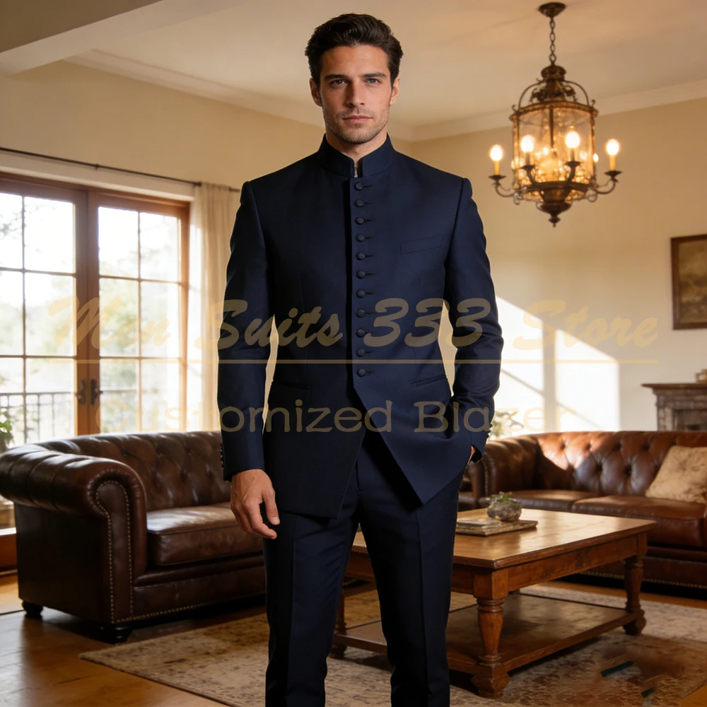 

Высококачественный мужской костюм: темно-синий, формальный, смарт-кэжуал, элегантный, классический крой, 2 предмета (пиджак и брюки)