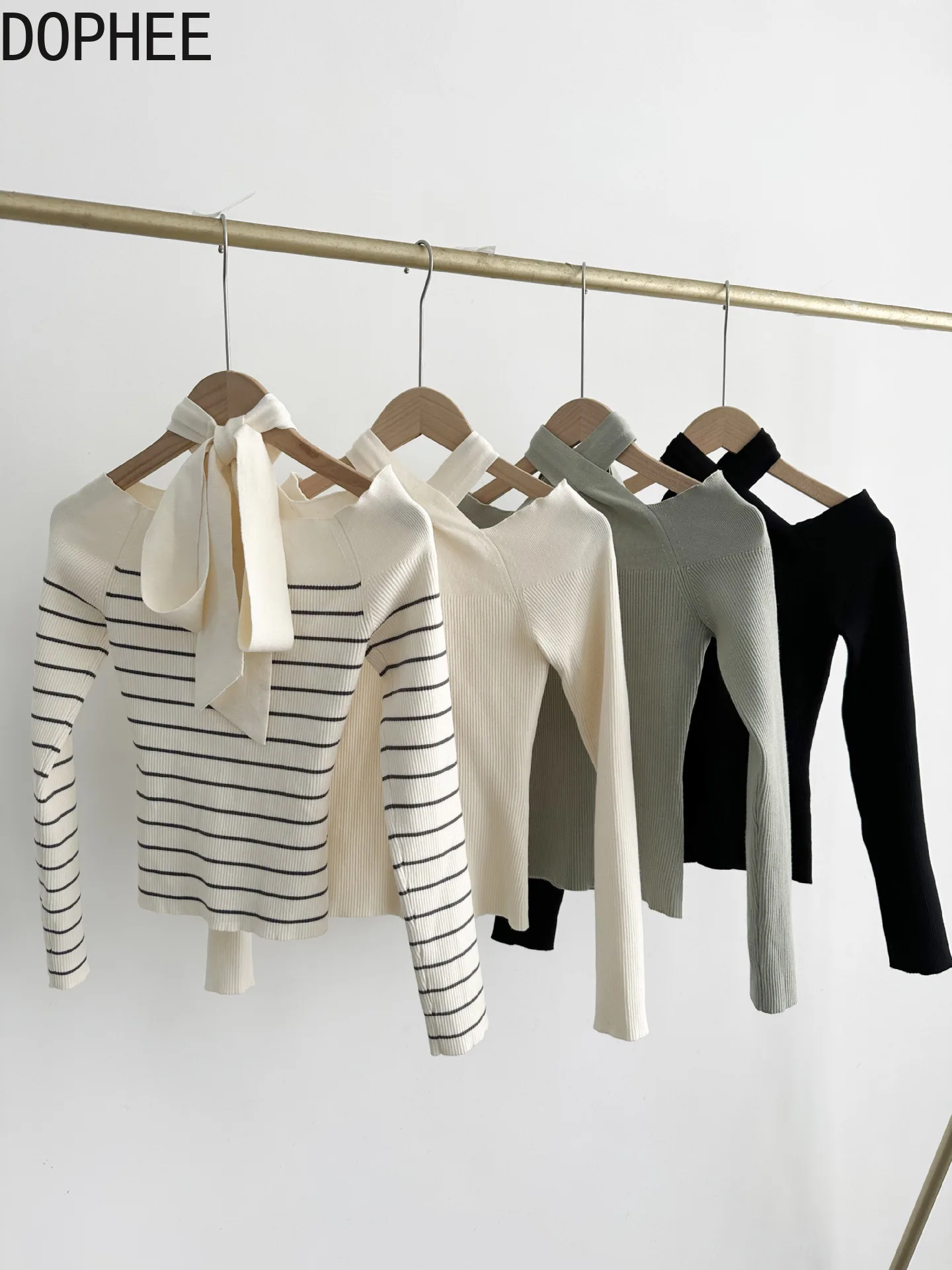 Japanese 2026 New Spring Elegant Stripes Knitted Basic Shirts Crossed Bow Lace-up Slim Crop Pullover Top Women Knit Sweaters