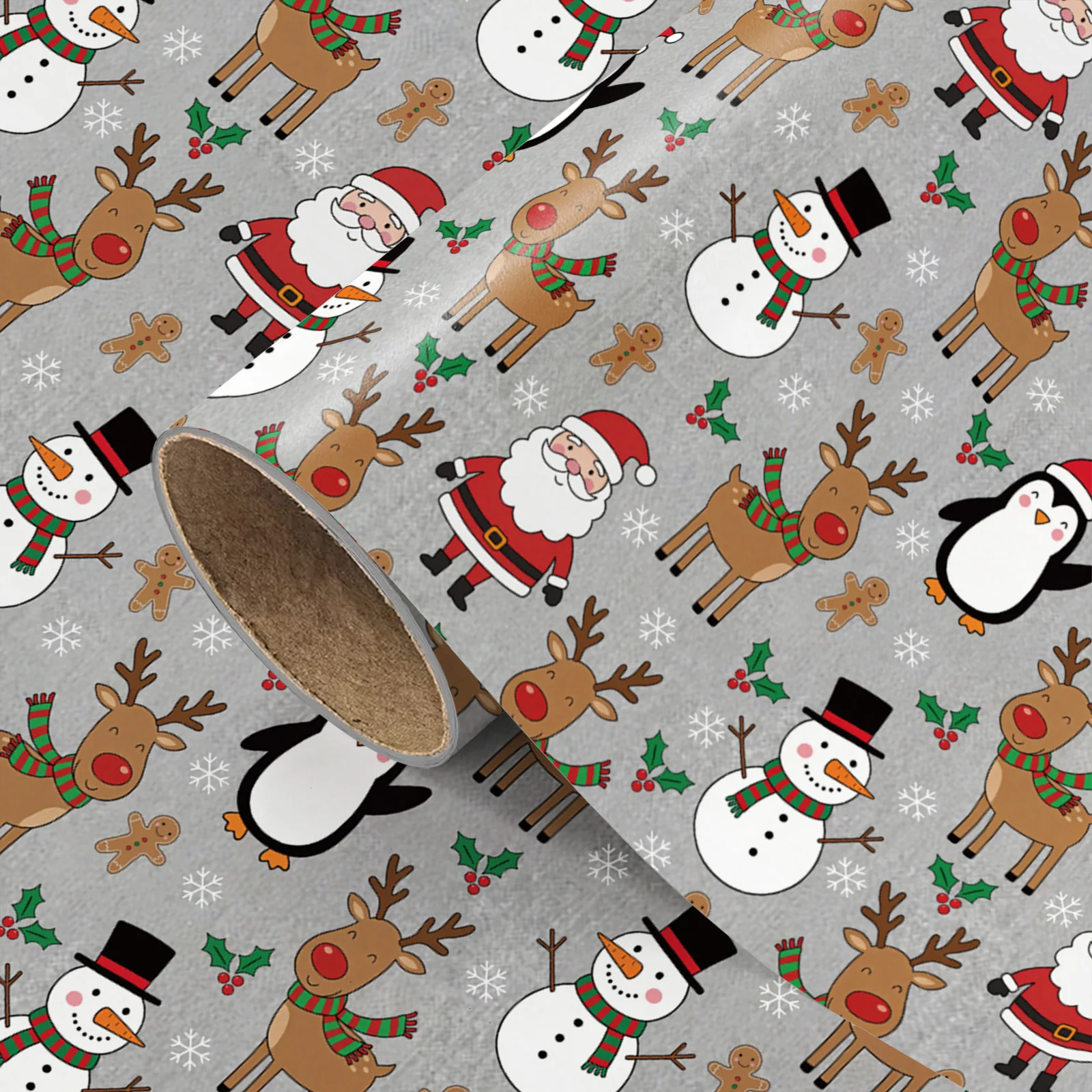 1 Roll of Christmas and New Year Gift Wrapping Paper, Creative Gray Texture, Flat Cartoon Doodle Style, Santa Claus Red-Nosed Reindeer, Snowman, Penguin, Gingerbread Man Prints, Holiday Gift Box Decoration, Winter Part