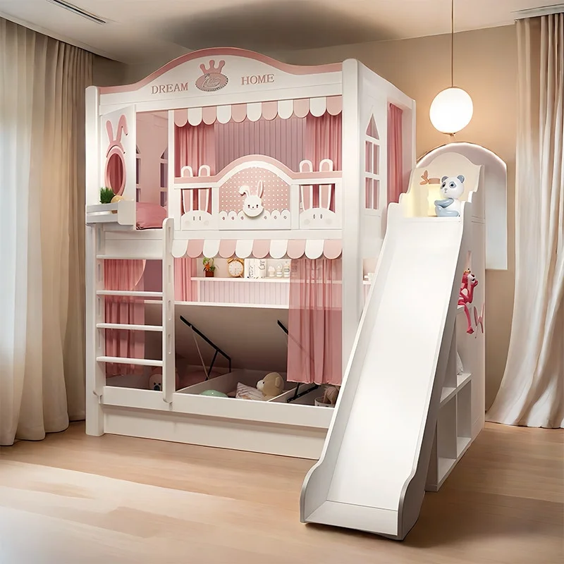 Children's Twin-Size Double-Layer Bunk Bed High Guardrail Storage Space Minimalist Design MDF Girl Princess Castle Theme