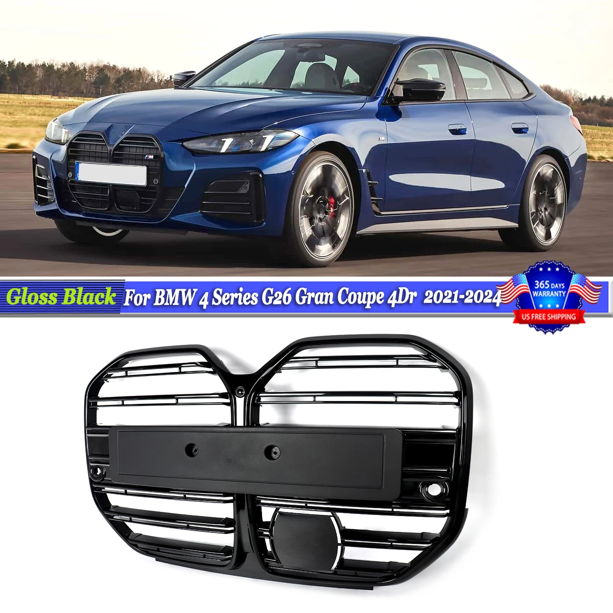 Grille de course avant compatible avec BMW série 4 G26 440i 2021 2022 2023 2024, couverture de calandre supérieure de pare-chocs avant à 4 portes, noir brillant
