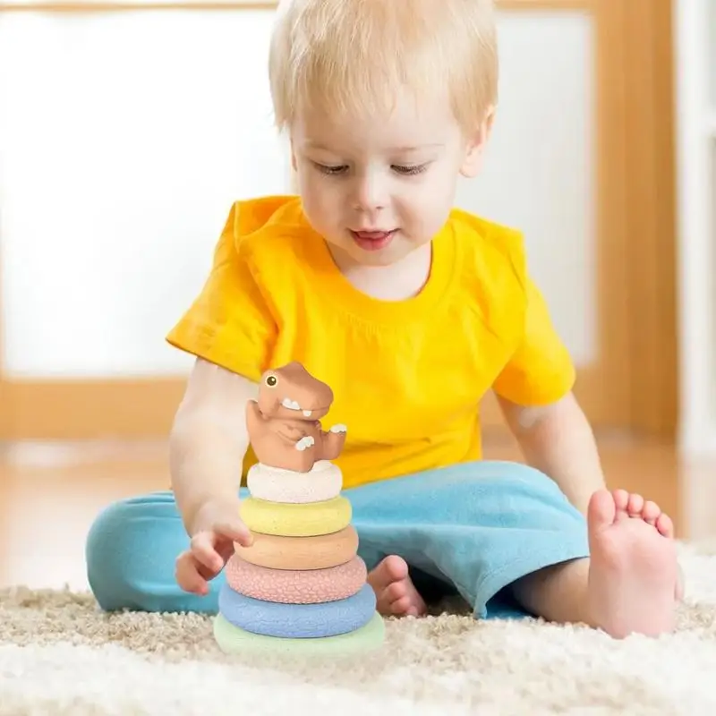 Juguetes apiladores sensoriales de silicona suave para niños, anillos apilables, diseño de dinosaurio/Castillo, juguete de aprendizaje temprano con sonido BB