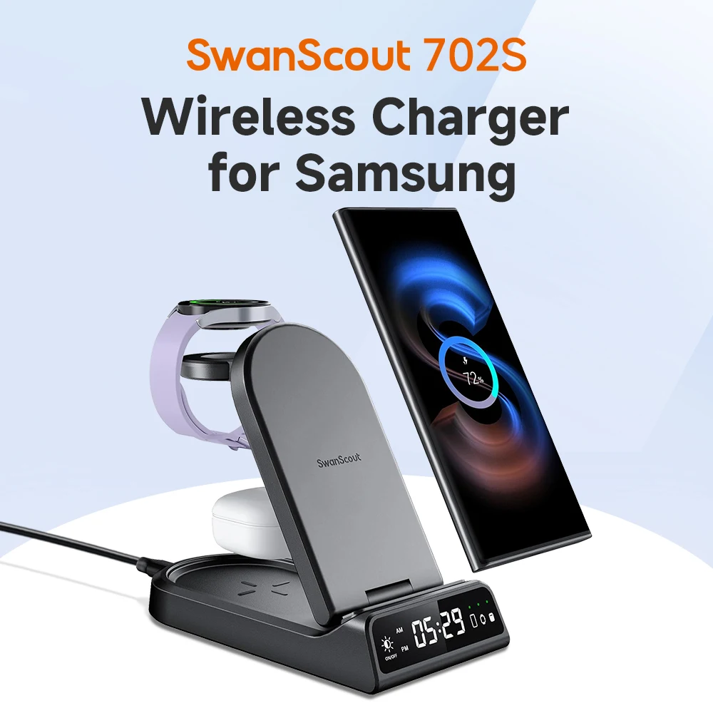 

SwanScout 702S Charging Station for Samsung Galaxy S24 Ultra S23 Plus Wireless Charger for Galaxy Watch 7 6 for Galaxy buds 2pro