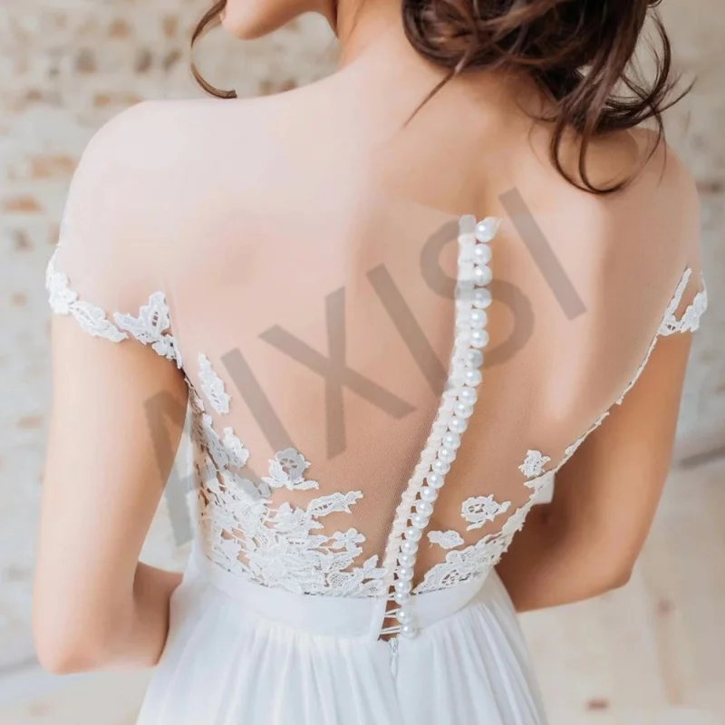 Vestido De Casamento Sem Bra Ilusion O Pescoço Curto Noite Simples Flange Vestido Apliques Slites Chiffon puro Love Wedding Dress