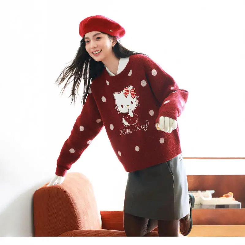 

Y2K Kawaii милый женский свитер «Hello Kitty» с героями мультфильмов, свободные теплые топы с круглым вырезом для девочек в стиле аниме, модная милая удобная женская одежда