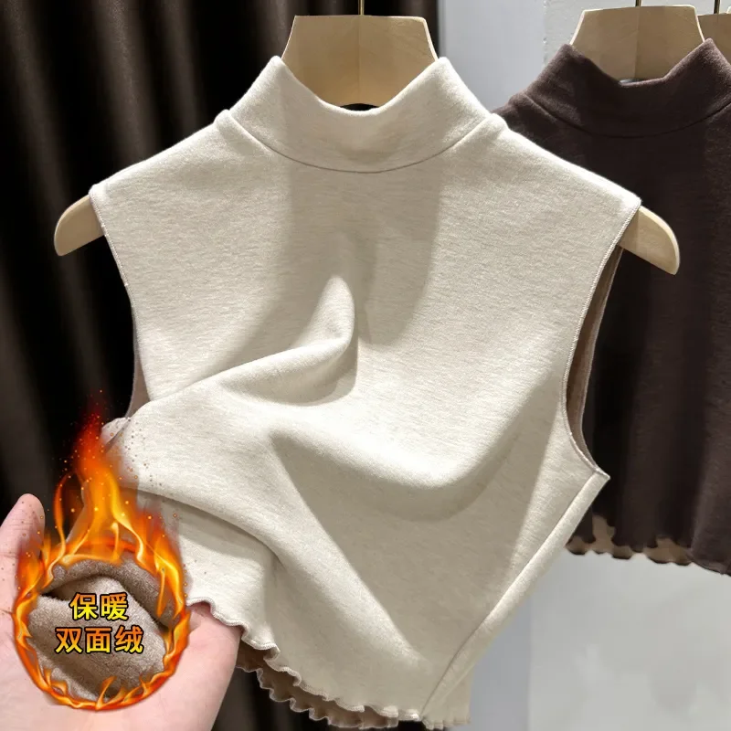 Thick Velvet Sleeveless Vest For Women In Autumn Winter Half Turtleneck Slimming Inner Layer Warm T-shirt Base Layer Top