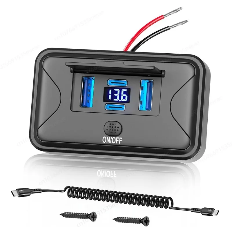 

78W 4 Ports 12V USB Outlet Panel Dual 36W PD & Dual 18W QC3.0 Charger Wall Mount Socket with Voltmeter,Switch & C to C Cable