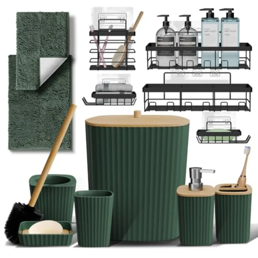

Bathroom Set - Hunter Green Bathroom Accessories Set, 6PC Bathroom Accessory Set, Bathroom Sets with Bathroom Rugs, Adhesive Co