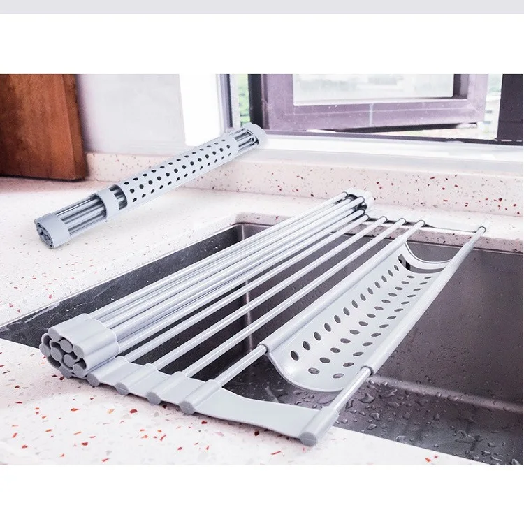 Silicone Rubber Roller Shutter Sink Water Filter Rack, Bowl, Plate Chopstick Storage Rack, Foldable Kitchen Water Draining Rack