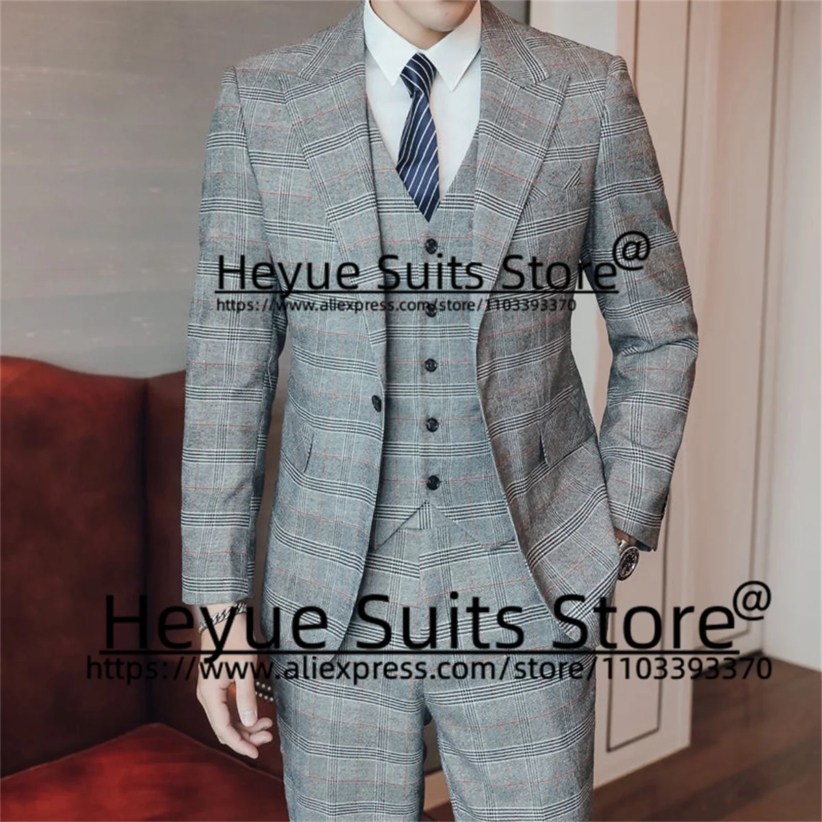Luxuly Classic Plaid Wedding Suits For Men Slim Fit Peak Lapel Groom Formal Tuxedos 3Pcs Sets Business Male Blazer Costume Homme