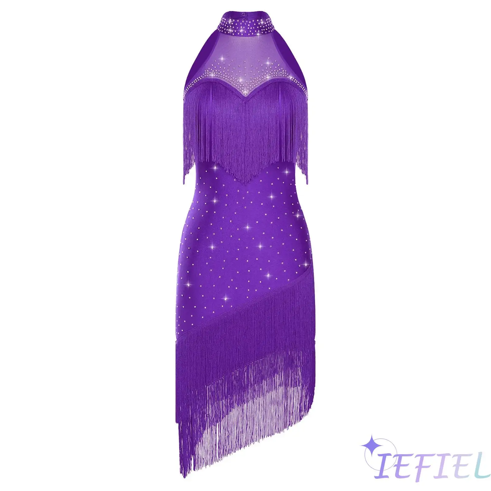 

Womens Elegant Patchwork Latin Dance Dress with Back Cut Design Sparkly Fringe Latin Outfit for Tango Belly Dancing Performances