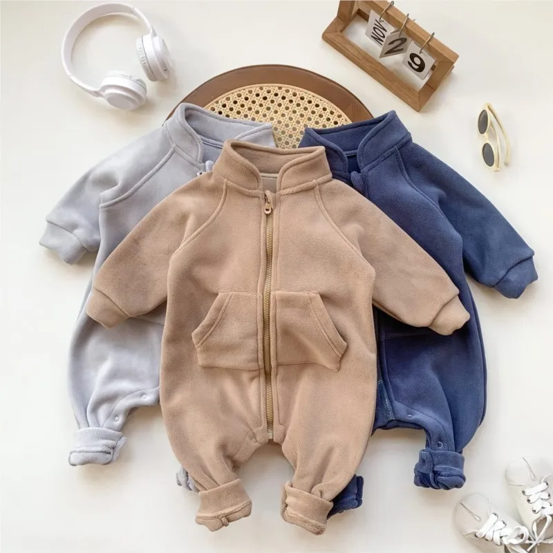 Newborn Baby Girl Boy Thick Fleece Inside Zipper Romper Infant Toddler Solid Soft Warm Jumpsuit Winter Autumn Baby Clothes 3M-2T