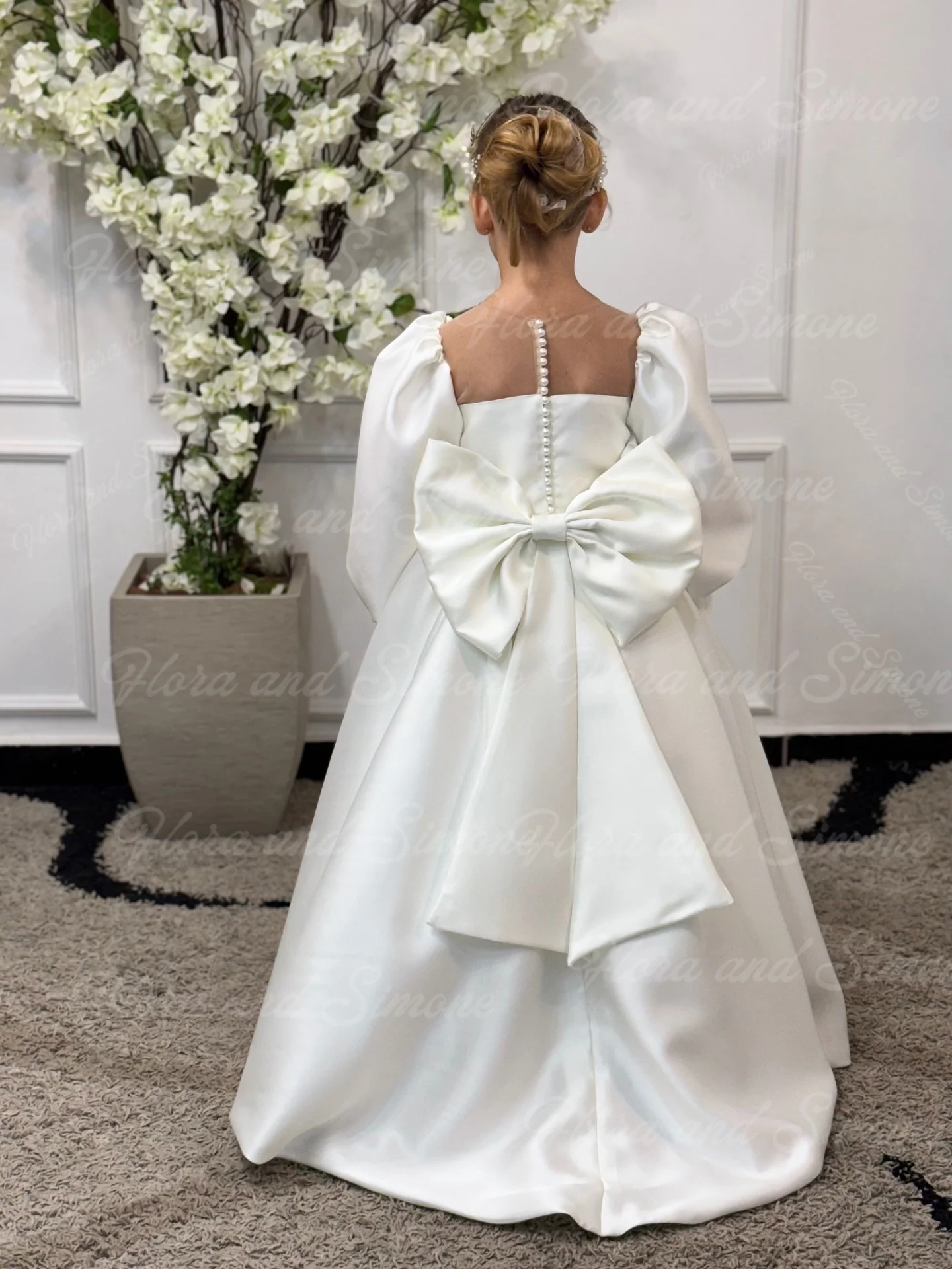 Vestido de niña de flores con decoración de perlas, elegante, personalizado, de manga larga, para ceremonias de boda de primera comunión, celebraciones navideñas