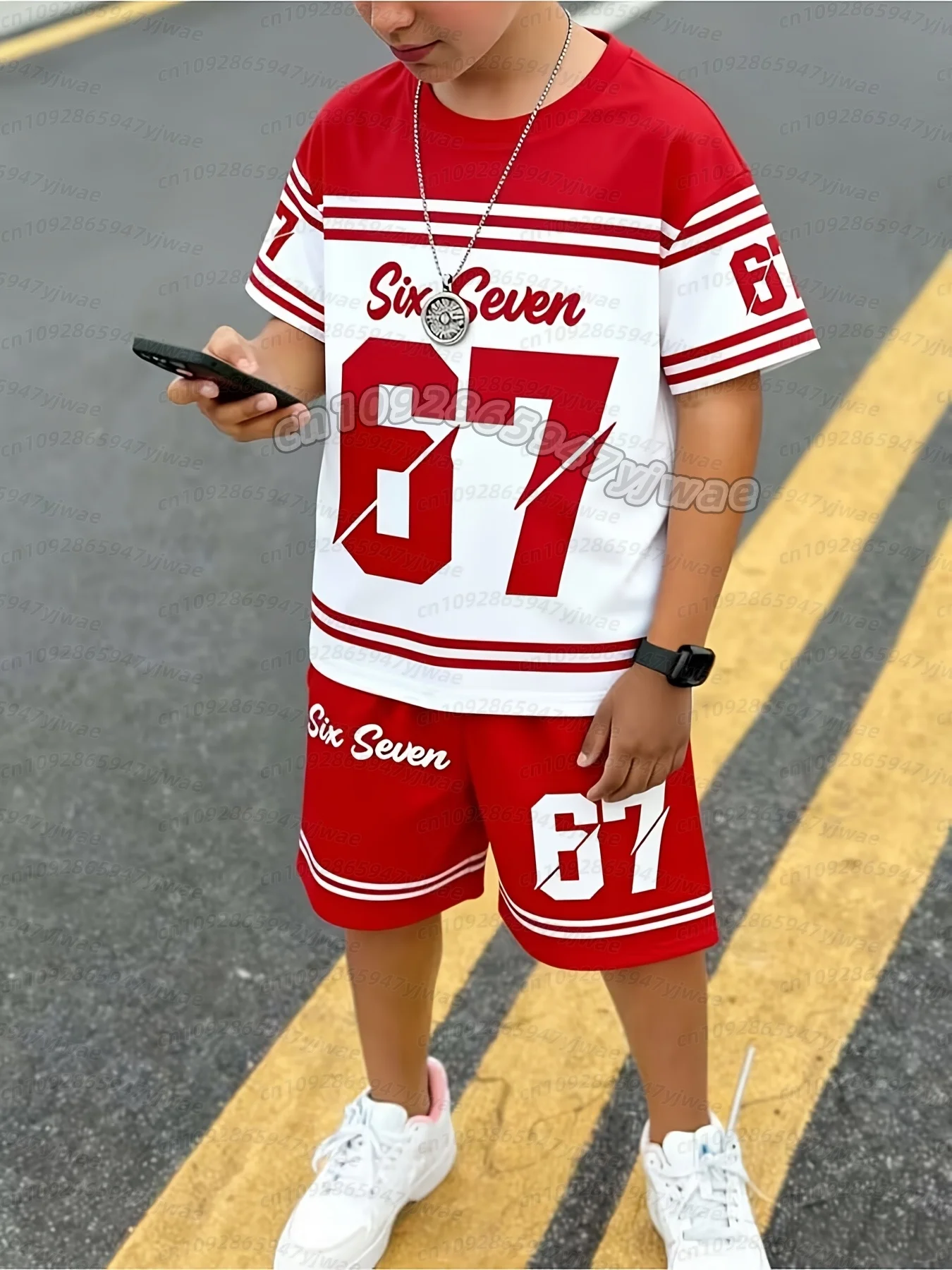 CHICAGO NO.88 PRINT Jersey Boy Kurzarm-Set mit locker sitzenden Shorts und T-Shirt, sportlicher, schnell trocknender Outdoor-Trainingsanzug, 2-teiliges Jungen-Set – Detail 3